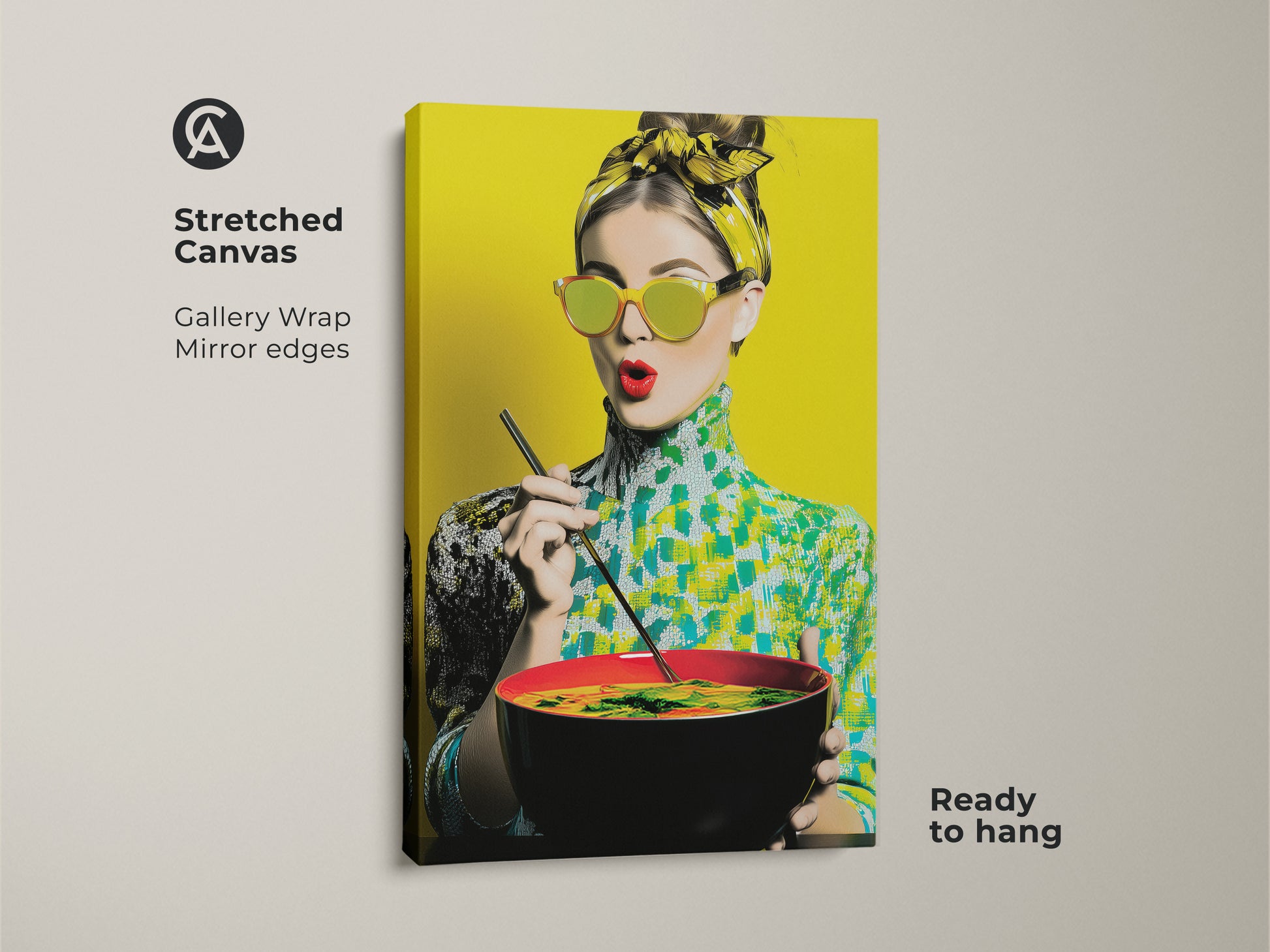 Stretched canvas of a pop art woman with noodles. The gallery wrap features mirror edges. The artwork is ready to hang. This colorful print showcases a woman in retro sunglasses. It's a vibrant addition to any eclectic art collection.