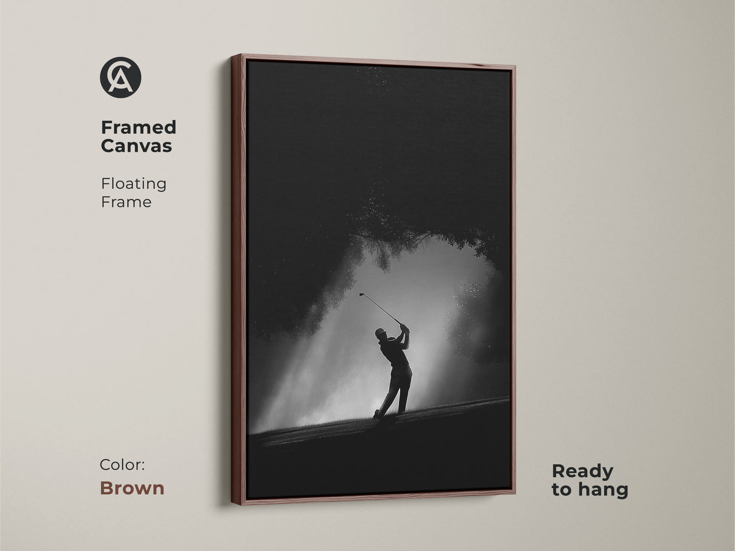 Elevate your space with this framed golf canvas. The brown floating frame enhances the black and white artwork. The golfer is captured in a dynamic swing. Ready to hang and instantly enjoy.