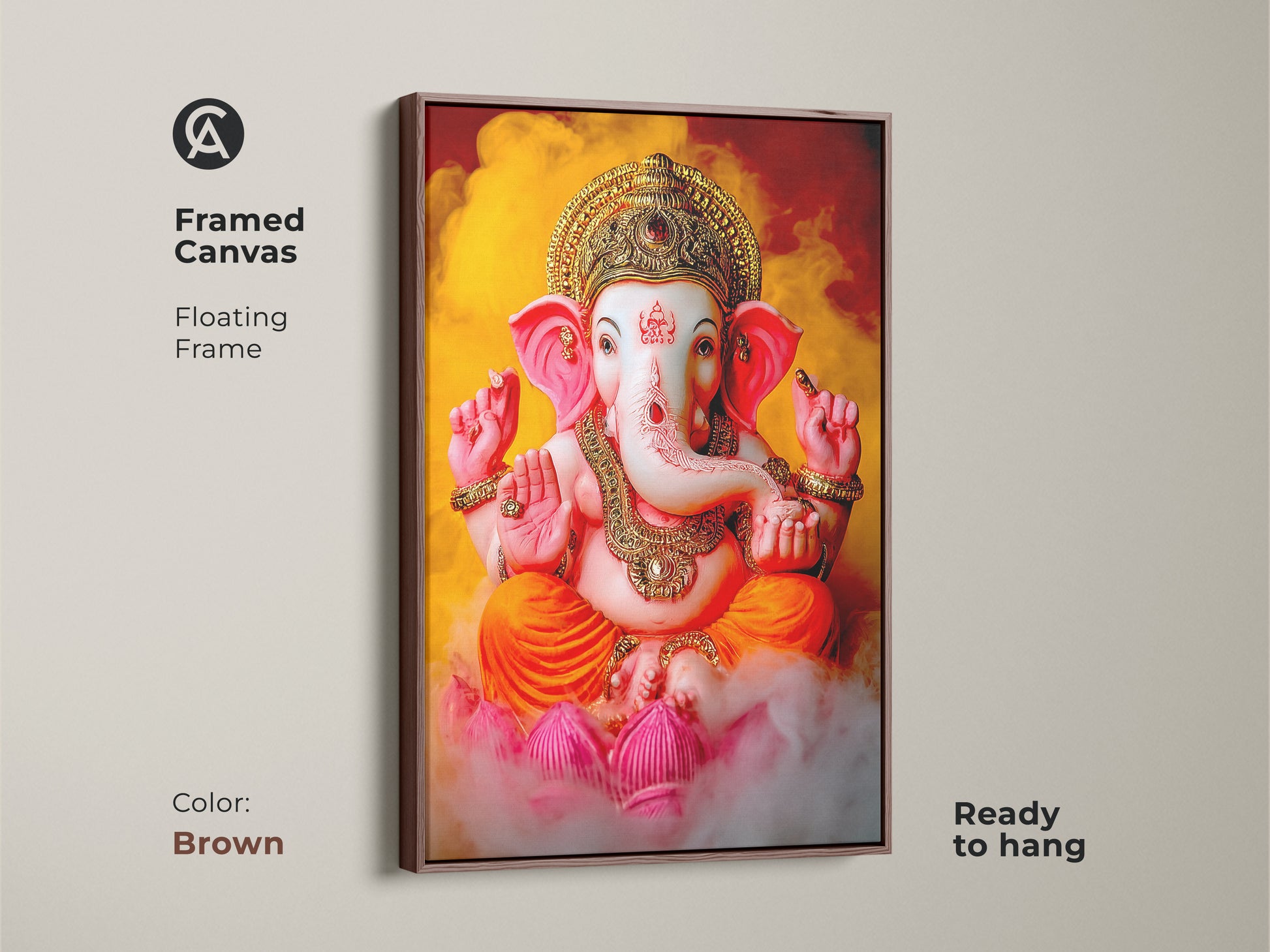Framed canvas of Lord Ganesha with a brown floating frame. This Hindu deity artwork is perfect for a prayer room. Spiritual Indian art with vibrant colors. Ready to hang. The Ganesha blessing art makes a great gift for spiritual seekers.