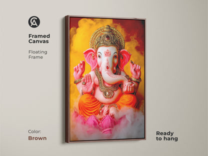 Framed canvas of Lord Ganesha with a brown floating frame. This Hindu deity artwork is perfect for a prayer room. Spiritual Indian art with vibrant colors. Ready to hang. The Ganesha blessing art makes a great gift for spiritual seekers.