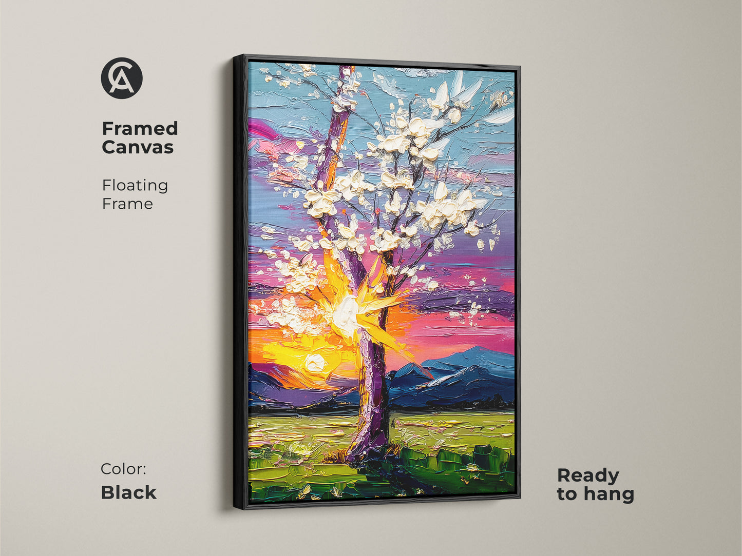Framed canvas art featuring an impressionistic tree and mountain landscape. The black floating frame enhances the colorful sky canvas. Ready to hang this artwork brings the beauty of nature indoors. Perfect for eclectic decor.