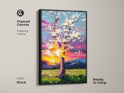 Framed canvas art featuring an impressionistic tree and mountain landscape. The black floating frame enhances the colorful sky canvas. Ready to hang this artwork brings the beauty of nature indoors. Perfect for eclectic decor.