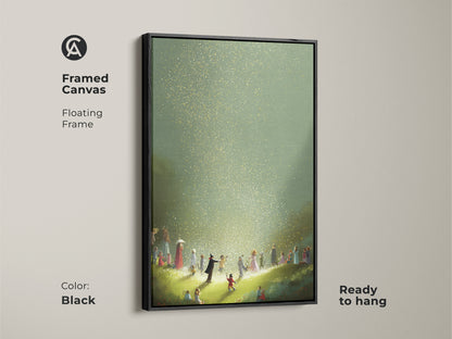 Black framed canvas of a fantasy art print showing children in a magical gold and green light scene. This whimsical wall decor is ready to hang. It's perfect for adding an eclectic touch to a child's bedroom or playroom bringing nature's beauty and a sense of childhood magic to your home.