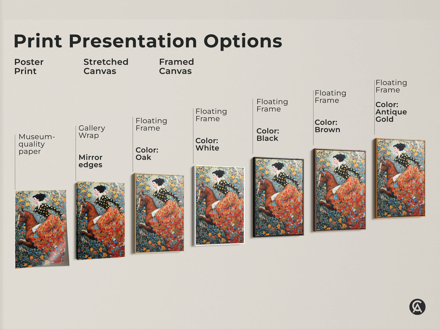 Explore various print presentation options for the woman on horse artwork. Choose from poster print stretched canvas or framed canvas. Select a floating frame in black brown white oak or antique gold. Find the perfect museum-quality paper or gallery wrap to match your style.