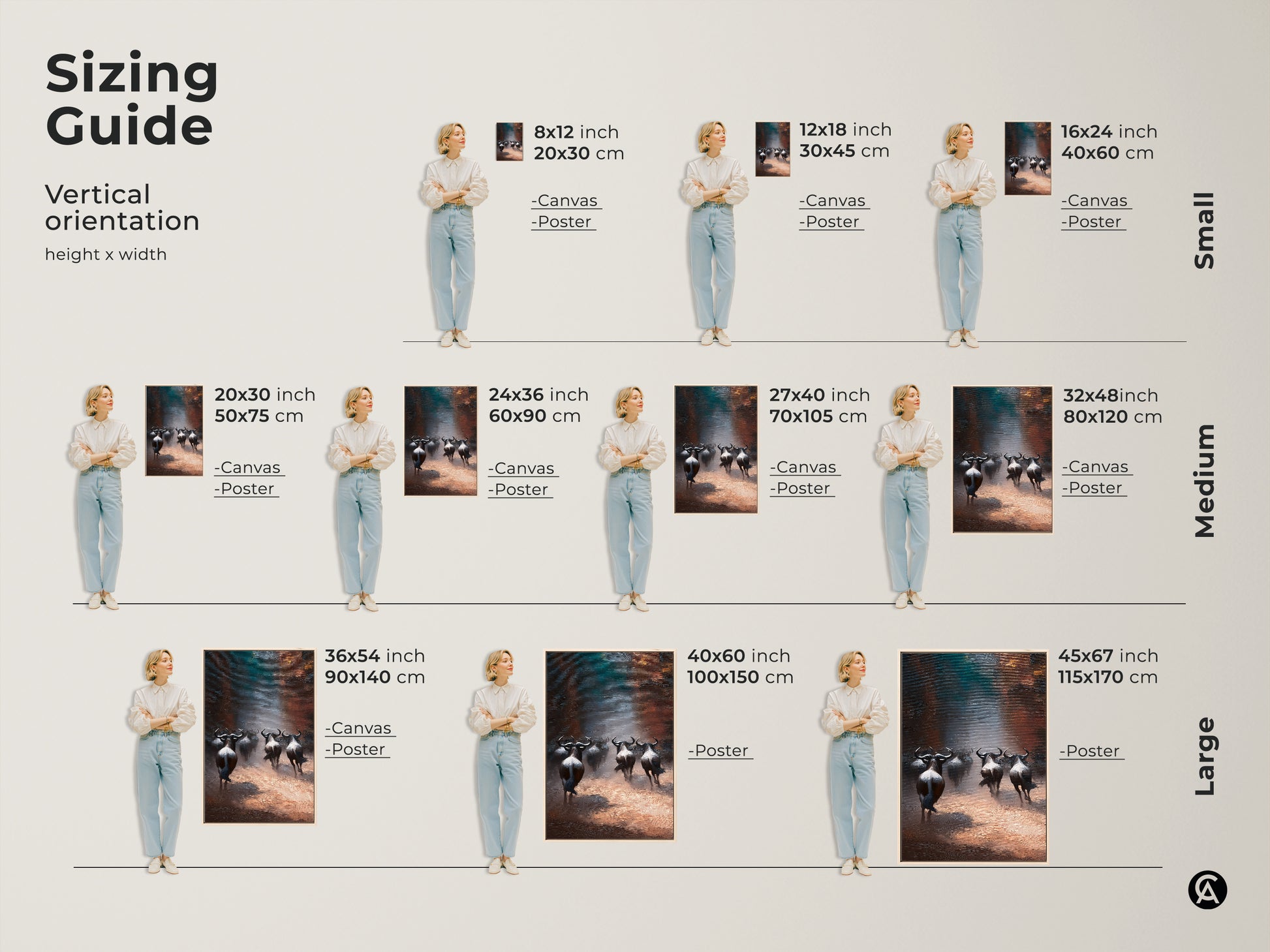 Sizing guide for wildebeest canvas and poster art. Vertical orientation with heights ranging from small to large. Visualize the artwork in various sizes to find the perfect fit for your space. Find your ideal size.