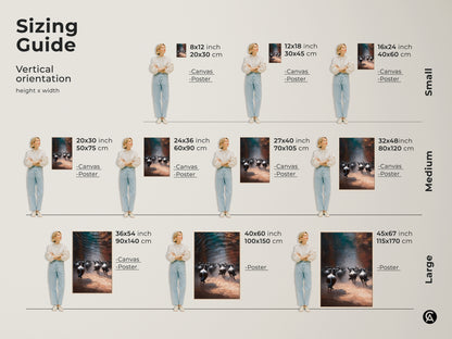Sizing guide for wildebeest canvas and poster art. Vertical orientation with heights ranging from small to large. Visualize the artwork in various sizes to find the perfect fit for your space. Find your ideal size.