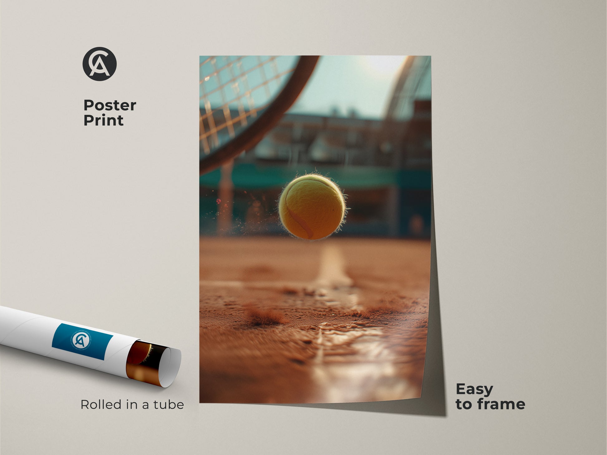 Poster print of a tennis ball in action. Rolled in a tube this print is easy to frame. The dynamic shot captures a tennis ball mid-air above the court line. Ideal for sports rooms or a tennis-themed space. The perfect gift for tennis players.