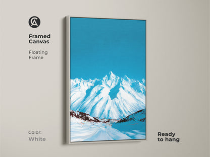 White framed canvas showcasing abstract snowy mountain art. A deep blue sky highlights this winter landscape artwork. Ready to hang this contemporary piece complements any modern space.