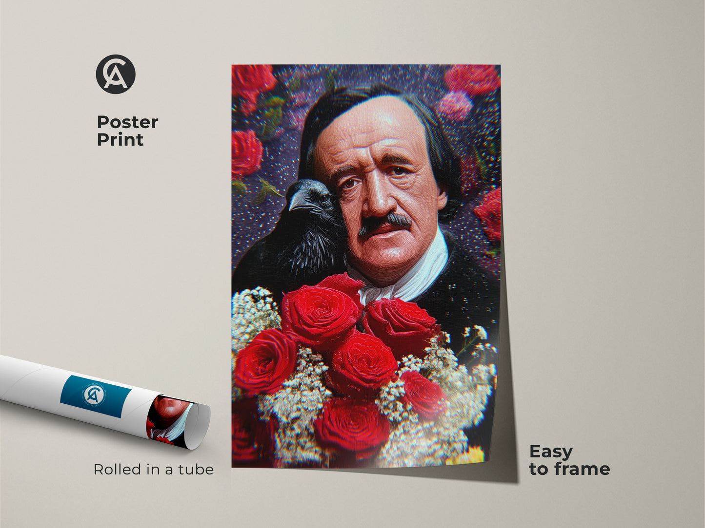 Poster print featuring Edgar Allan Poe with a raven and red roses. This dark cottagecore art is easy to frame. Rolled in a tube for protection this literary gift is great for writers.