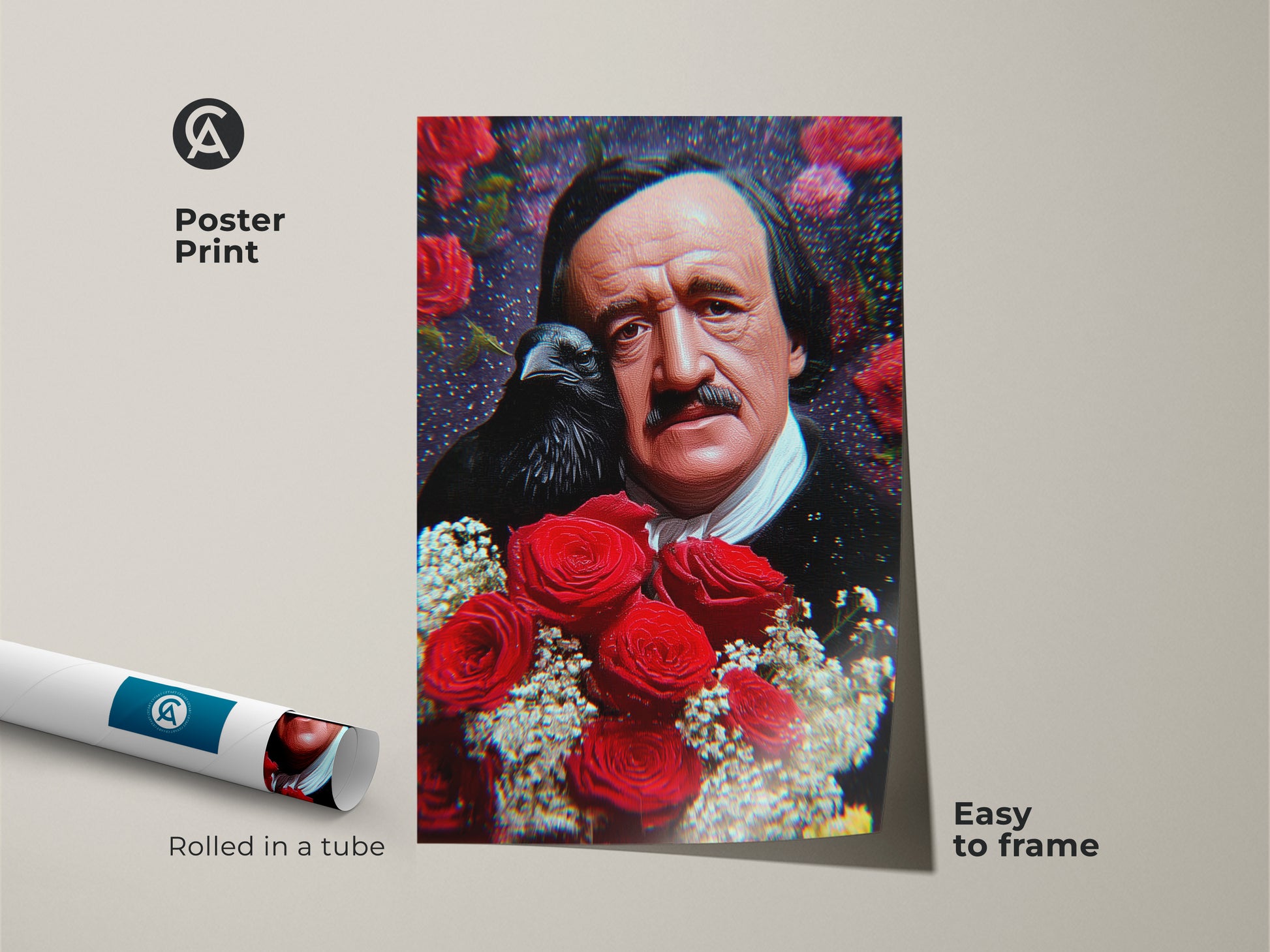 Poster print featuring Edgar Allan Poe with a raven and red roses. This dark cottagecore art is easy to frame. Rolled in a tube for protection this literary gift is great for writers.