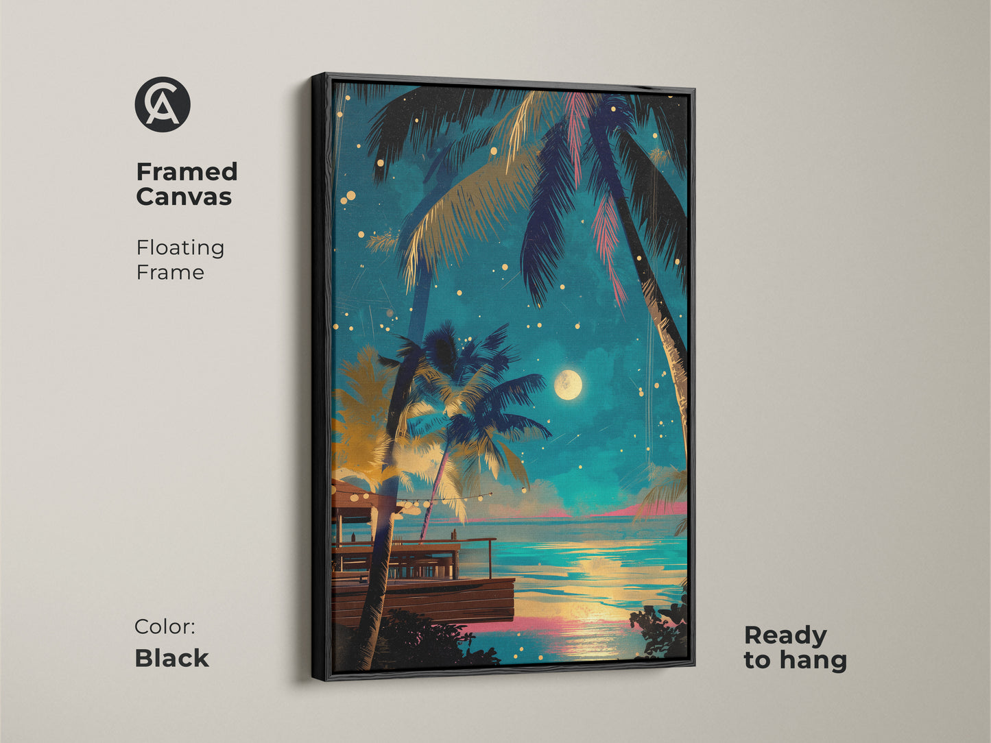 Framed Canvas featuring a dreamy tropical night scene with a black floating frame. This boho beach wall art highlights deep blue and golden yellow tones. Ready to hang this coastal artwork enhances any living room.