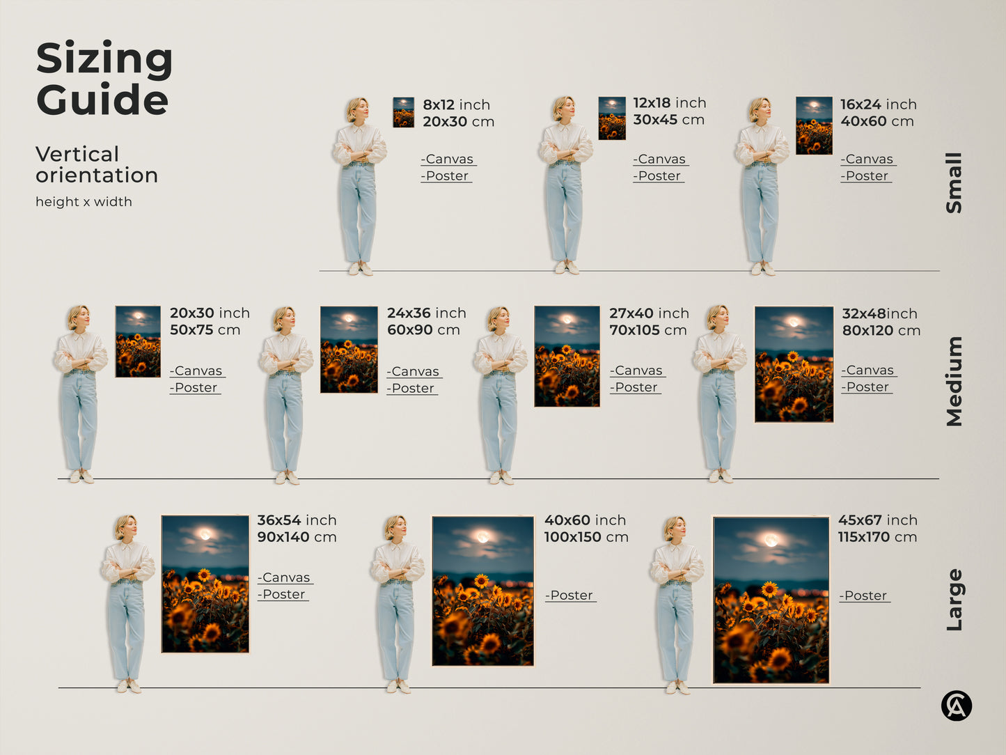Sizing guide for vertical orientation canvas and poster prints. The dreamy artwork displays golden sunflowers under a moonlit sky. Available in small medium and large sizes this boho floral wall art fits various spaces and preferences.