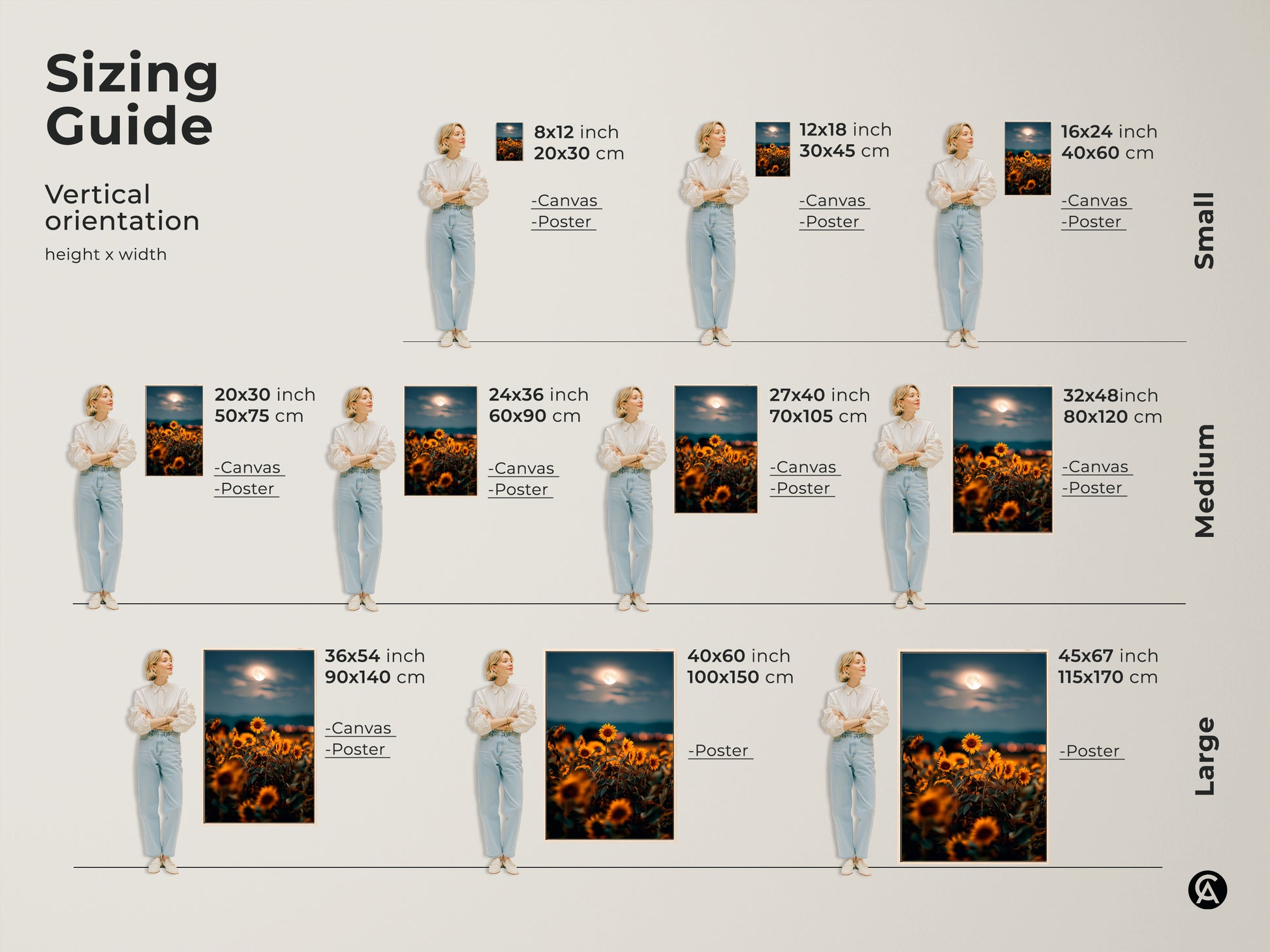 Sizing guide for vertical orientation canvas and poster prints. The dreamy artwork displays golden sunflowers under a moonlit sky. Available in small medium and large sizes this boho floral wall art fits various spaces and preferences.