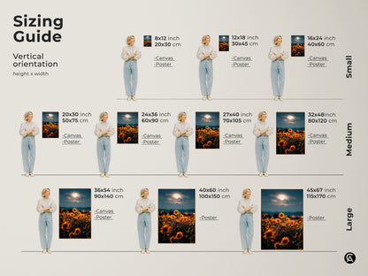 Sizing guide for vertical orientation canvas and poster prints. The dreamy artwork displays golden sunflowers under a moonlit sky. Available in small medium and large sizes this boho floral wall art fits various spaces and preferences.