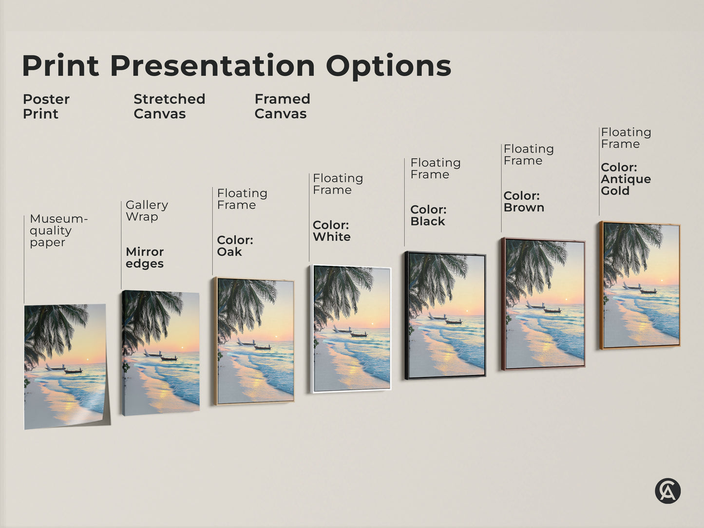 Explore presentation options for this tropical beach sunrise artwork. Choose from poster stretched canvas or framed canvas. Each option captures the essence of coastal living.