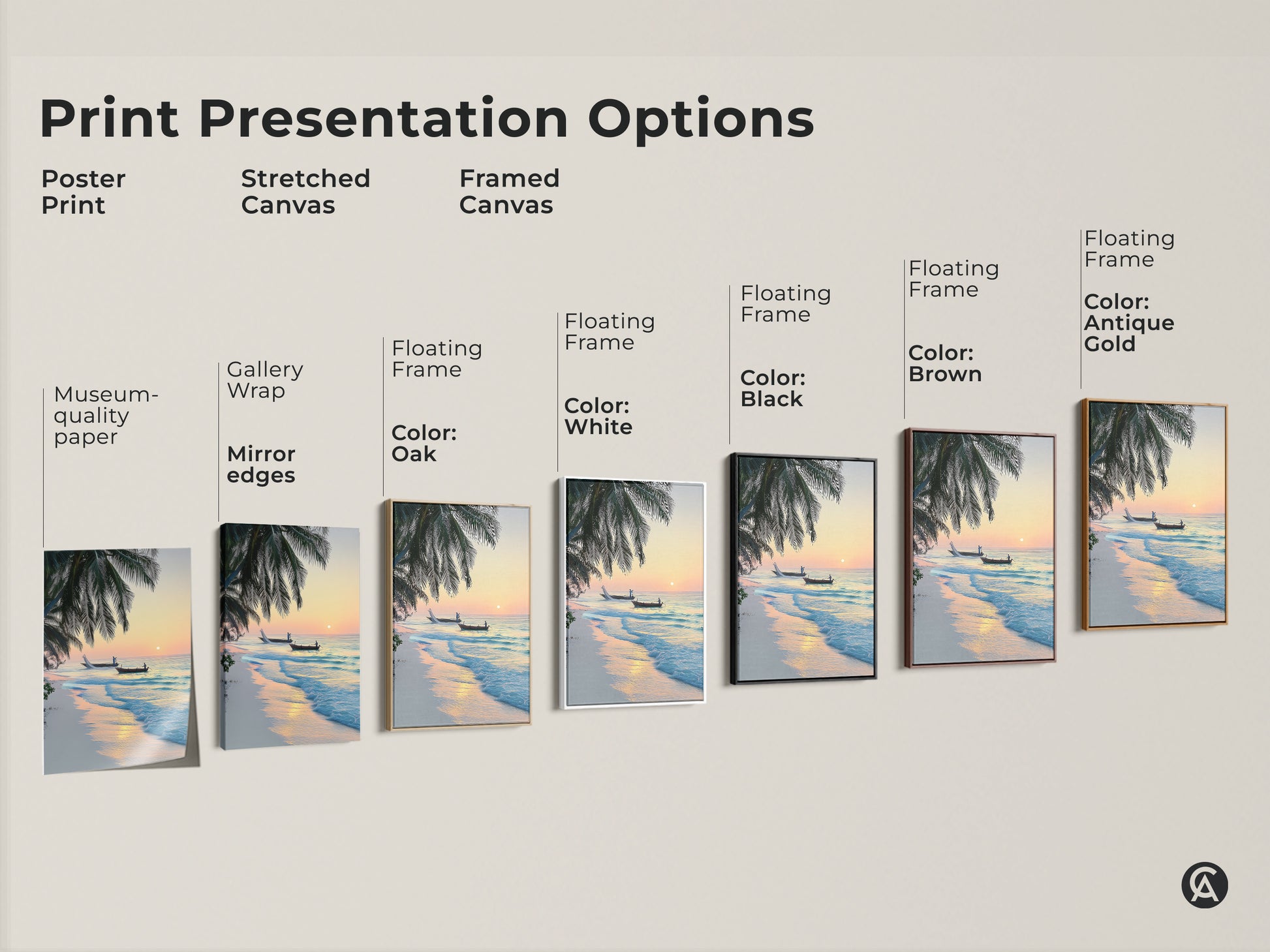 Explore presentation options for this tropical beach sunrise artwork. Choose from poster stretched canvas or framed canvas. Each option captures the essence of coastal living.