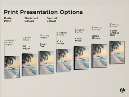 Explore presentation options for this tropical beach sunrise artwork. Choose from poster stretched canvas or framed canvas. Each option captures the essence of coastal living.