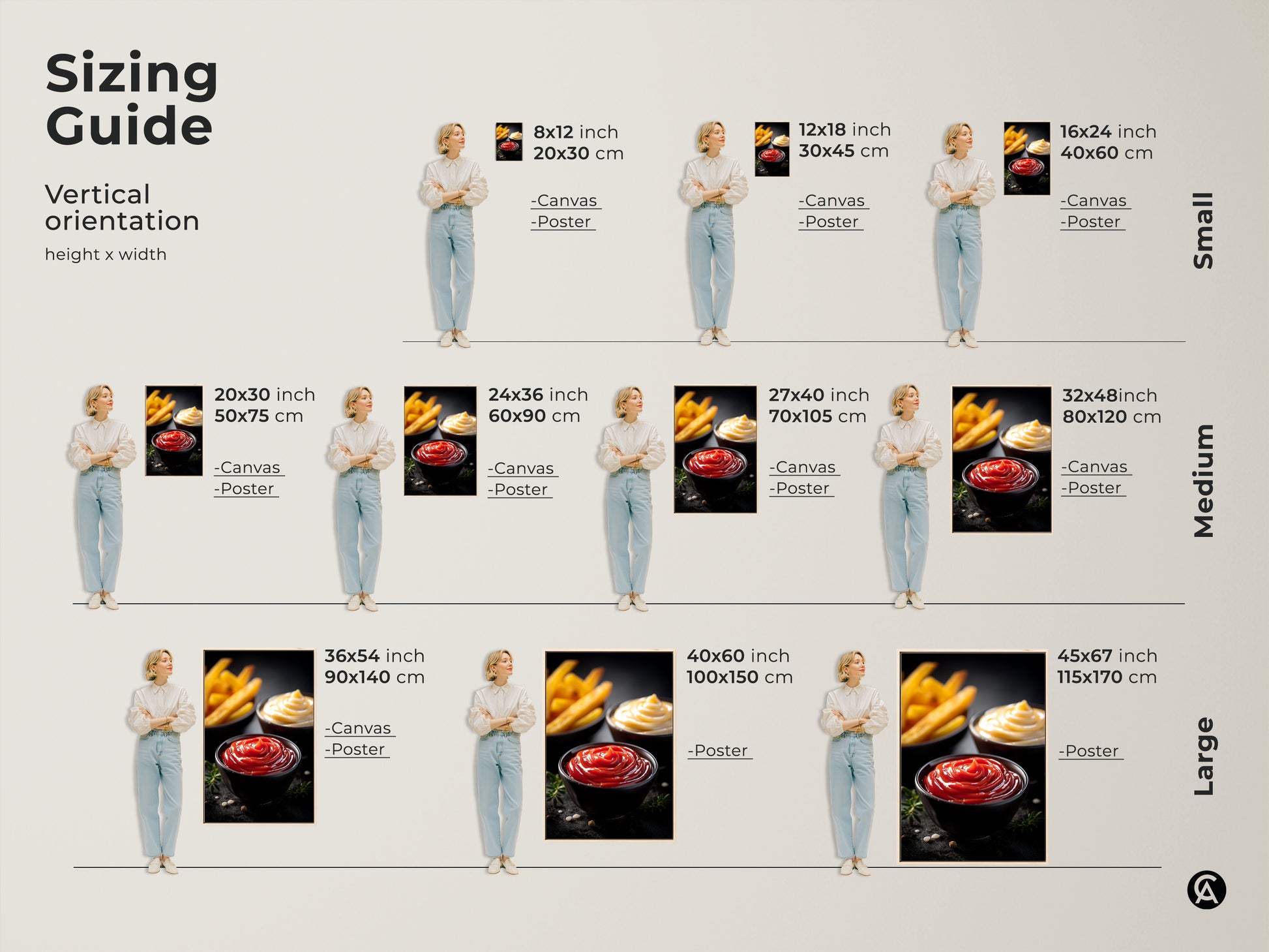 Sizing guide for vertical ketchup mayo and fries art prints. Visualize canvas and poster sizes from small to large. See how these modern food photography pieces fit in your space. Perfect for kitchen or dining decor. Great for foodies and home bakers seeking delightful wall art.