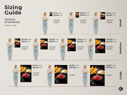 Sizing guide for vertical ketchup mayo and fries art prints. Visualize canvas and poster sizes from small to large. See how these modern food photography pieces fit in your space. Perfect for kitchen or dining decor. Great for foodies and home bakers seeking delightful wall art.