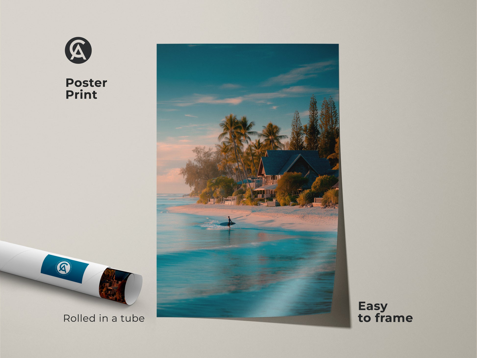 Poster print artwork of a peaceful beach scene rolled in a tube. The print shows a surfer in clear turquoise water. Palm trees and a charming beach house line the coast. This easy-to-frame poster brings coastal serenity to your home. The rolled print ensures safe delivery.