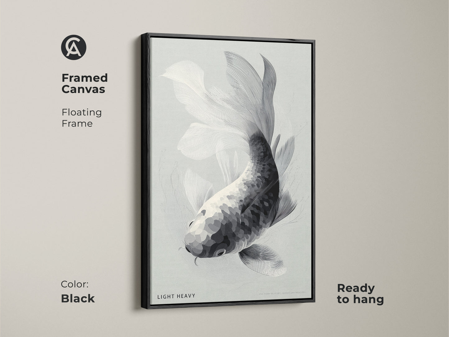 Framed canvas art features a black and white koi fish. The floating frame is black. This ready to hang piece adds sophistication to any room. The monochrome palette complements various decor styles. Bring a touch of aquatic elegance to your home.