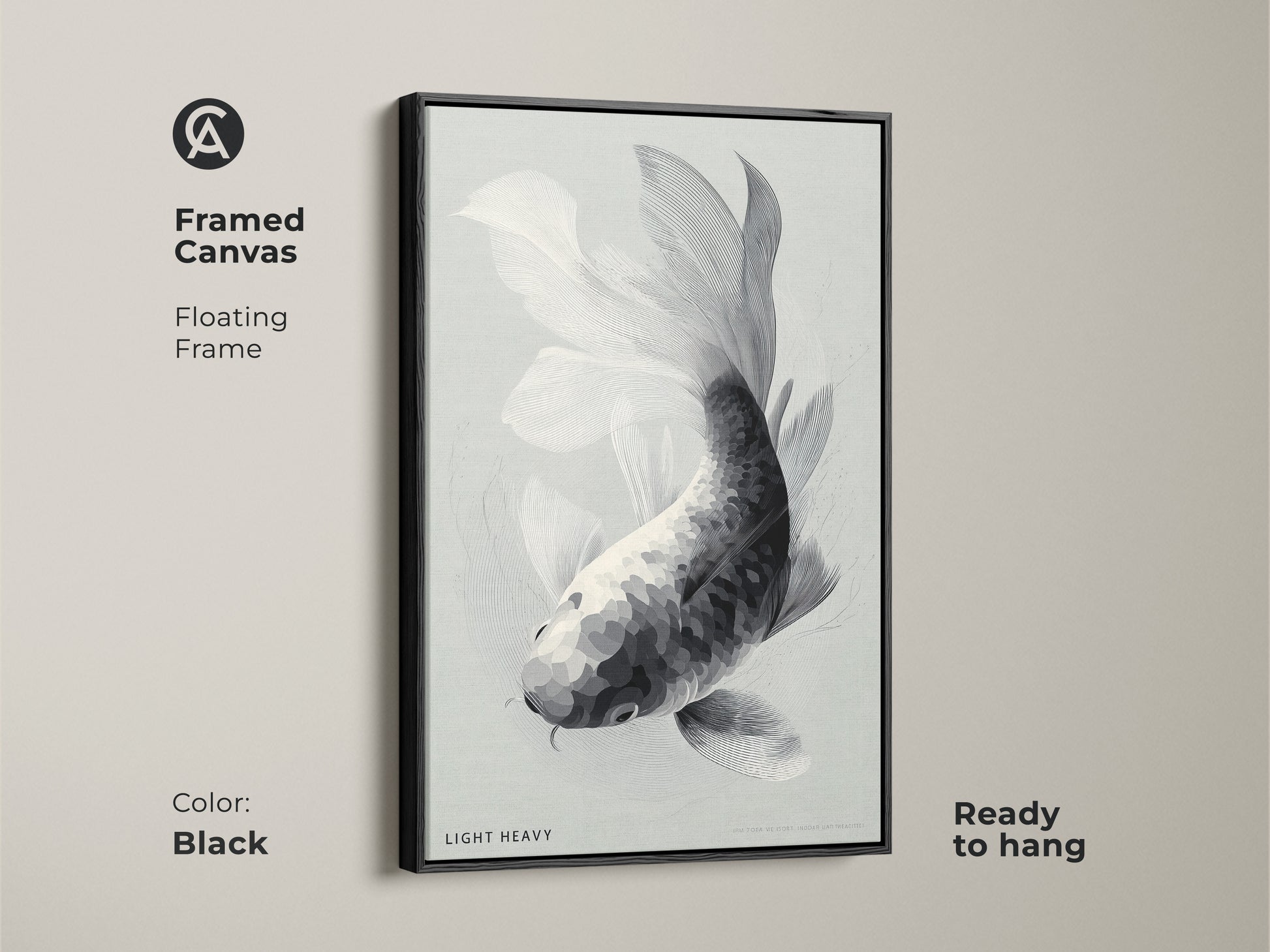 Framed canvas art features a black and white koi fish. The floating frame is black. This ready to hang piece adds sophistication to any room. The monochrome palette complements various decor styles. Bring a touch of aquatic elegance to your home.