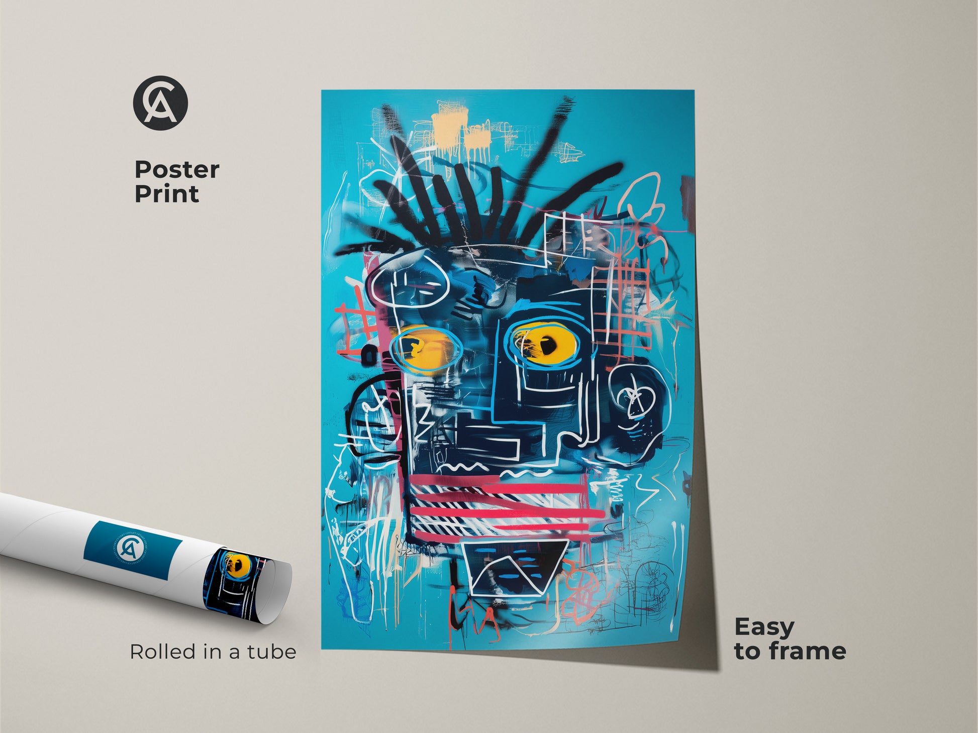 Poster print of an abstract face artwork. The poster is rolled and easy to frame. The art features a blue background with bold lines and yellow eyes. Add a modern touch to your space with this easy-to-frame art print.