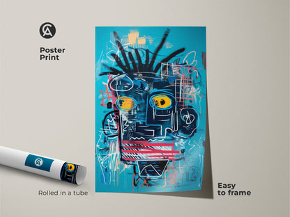 Poster print of an abstract face artwork. The poster is rolled and easy to frame. The art features a blue background with bold lines and yellow eyes. Add a modern touch to your space with this easy-to-frame art print.