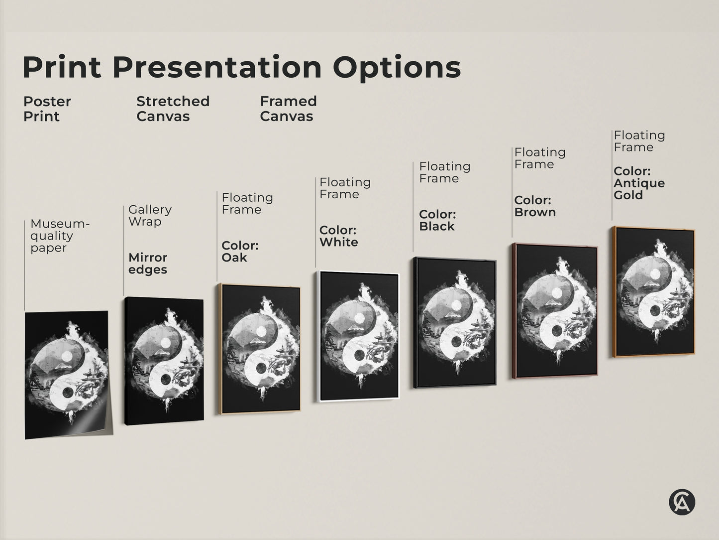 Print presentation options showcasing various styles of Yin Yang abstract art. Poster print stretched canvas and framed canvas options. Black white and gray tones create zen balance wall decor.