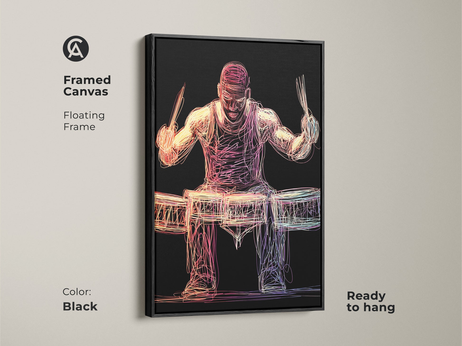 Add a touch of sophistication with this framed abstract drummer canvas. The floating frame enhances the vibrant colors and abstract line art. This music room decor art is ready to hang in a sleek black frame. It’s a modern accent for any music lover's home or office. Gift this framed drummer artwork for an elegant touch.
