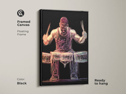 Add a touch of sophistication with this framed abstract drummer canvas. The floating frame enhances the vibrant colors and abstract line art. This music room decor art is ready to hang in a sleek black frame. It’s a modern accent for any music lover's home or office. Gift this framed drummer artwork for an elegant touch.