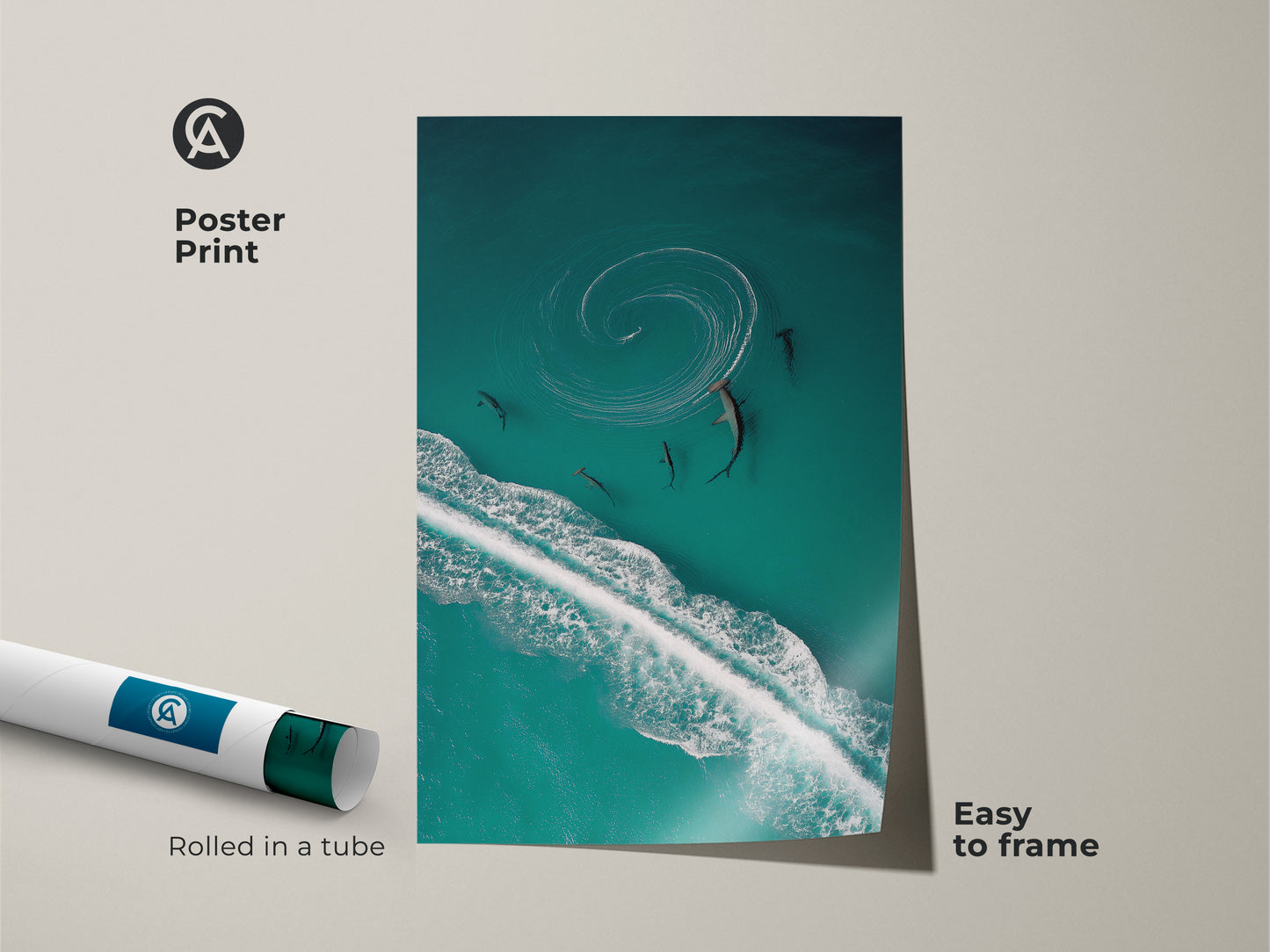 Transform your space with this stunning ocean wave canvas art. Featuring an aerial shark view this wildlife print is perfect for any room. Rolled in a tube and easy to frame this coastal artwork brings the beauty of the sea to your walls. Perfect for ocean enthusiasts.