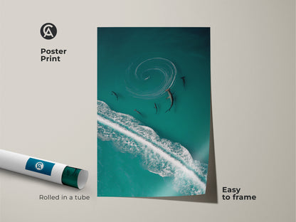 Transform your space with this stunning ocean wave canvas art. Featuring an aerial shark view this wildlife print is perfect for any room. Rolled in a tube and easy to frame this coastal artwork brings the beauty of the sea to your walls. Perfect for ocean enthusiasts.