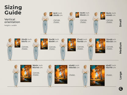 Sizing guide for vertical birch tree artwork. Available as canvas or poster in sizes from 8x12 to 45x67 inches. Find the perfect fit for your space. Enhance your home decor with this stunning landscape art. Transform any room with nature's beauty.