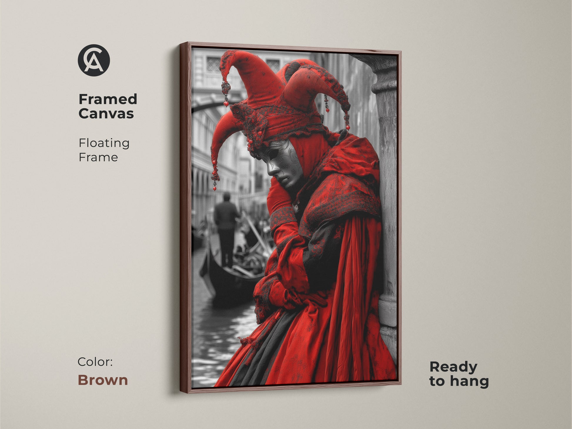 Brown framed canvas art of a Venetian jester. This Venice artwork brings a touch of Italy to your space. The floating frame enhances the jester artwork. It is ready to hang.