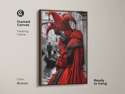 Brown framed canvas art of a Venetian jester. This Venice artwork brings a touch of Italy to your space. The floating frame enhances the jester artwork. It is ready to hang.
