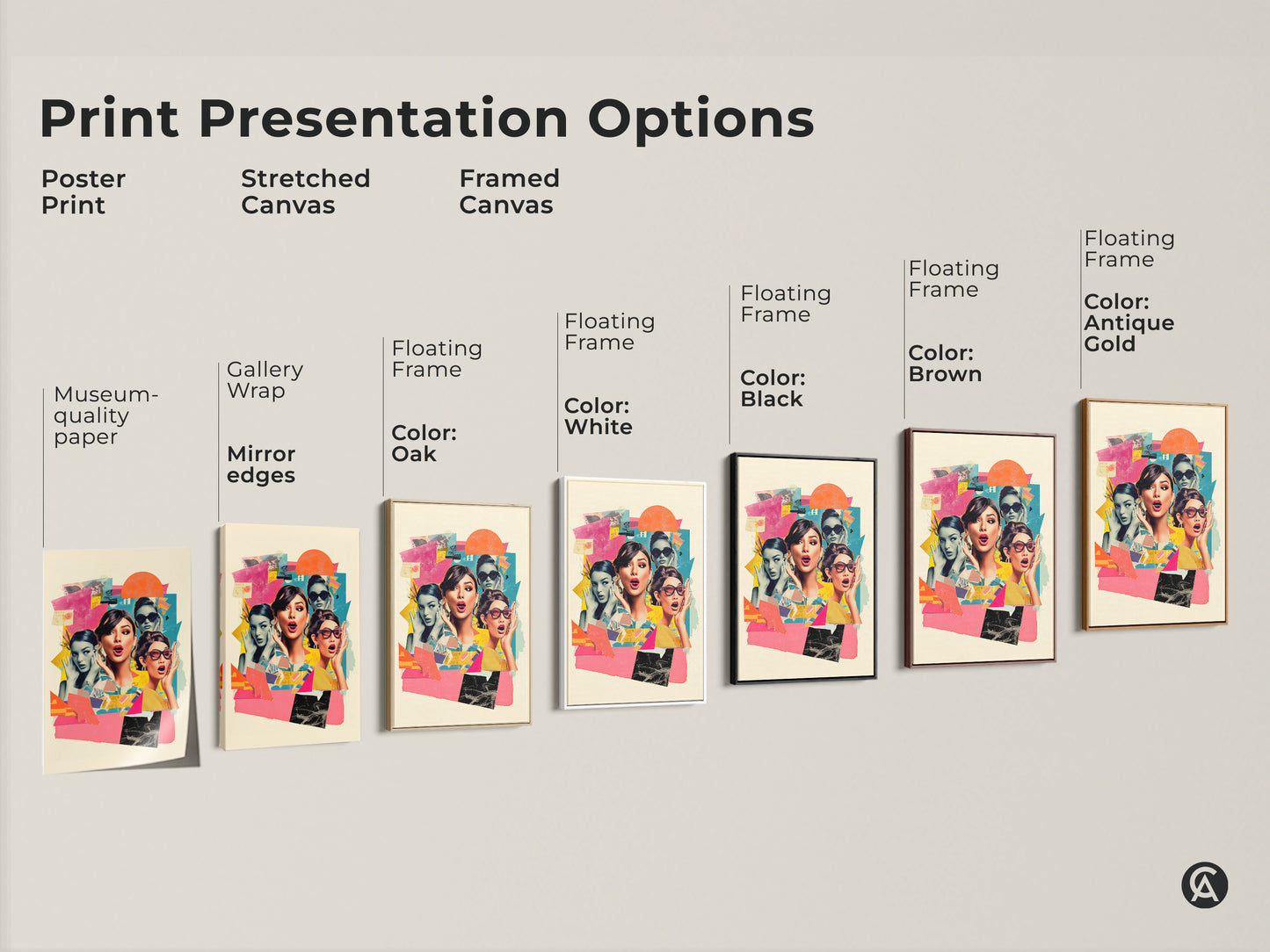 Print presentation options for retro collage art. Choose from poster prints stretched canvas or framed canvas. Select a floating frame in white black brown oak or antique gold. Find the perfect style.