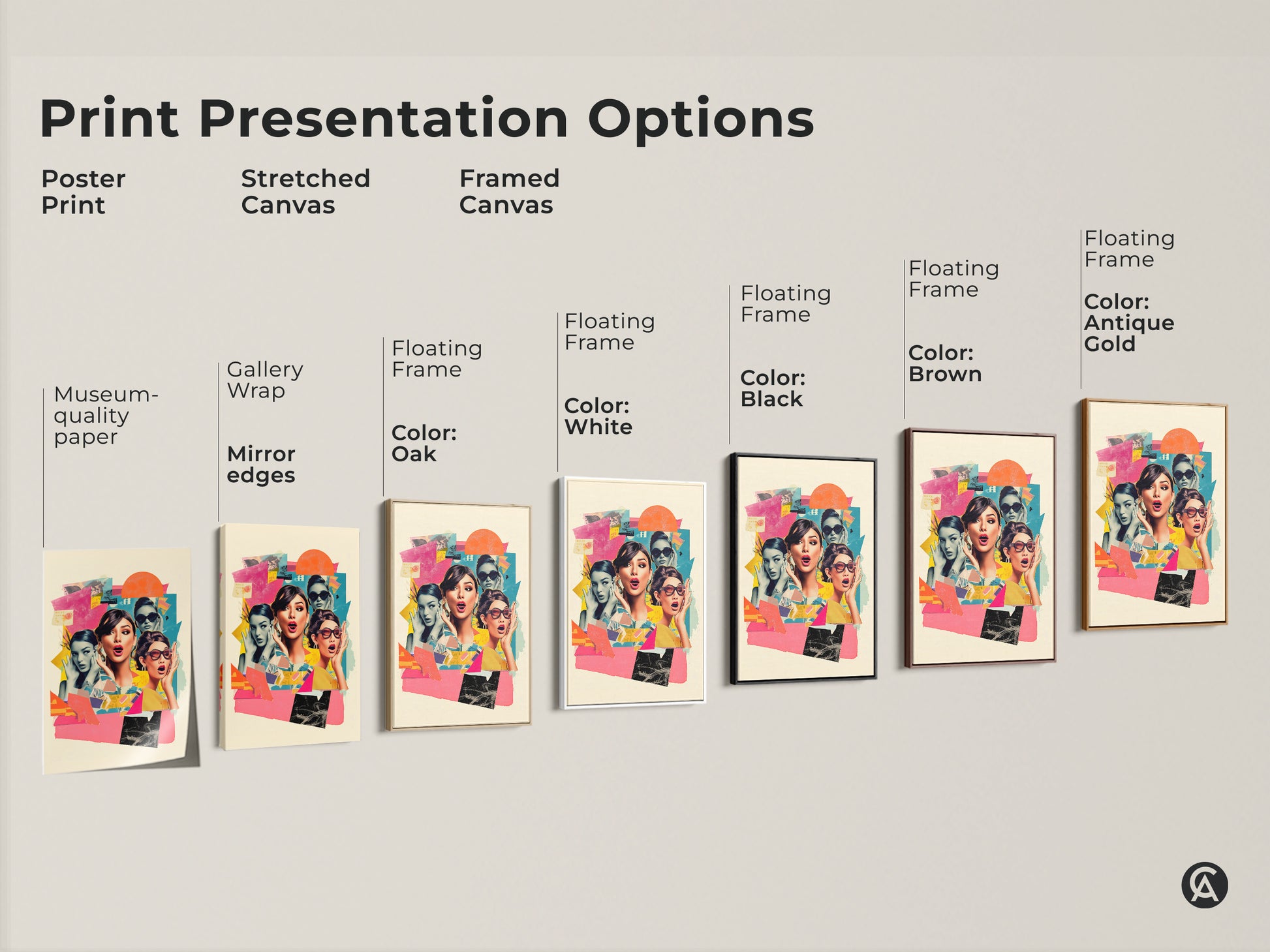 Print presentation options for retro collage art. Choose from poster prints stretched canvas or framed canvas. Select a floating frame in white black brown oak or antique gold. Find the perfect style.