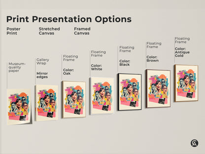 Print presentation options for retro collage art. Choose from poster prints stretched canvas or framed canvas. Select a floating frame in white black brown oak or antique gold. Find the perfect style.
