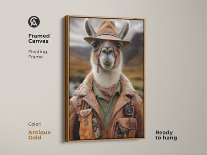 Showcase this photorealistic llama artwork on a framed canvas with an antique gold frame. This wildlife photography decor piece is ready to hang. The rustic explorer llama print adds a touch of elegance. A perfect housewarming gift for wildlife enthusiasts.