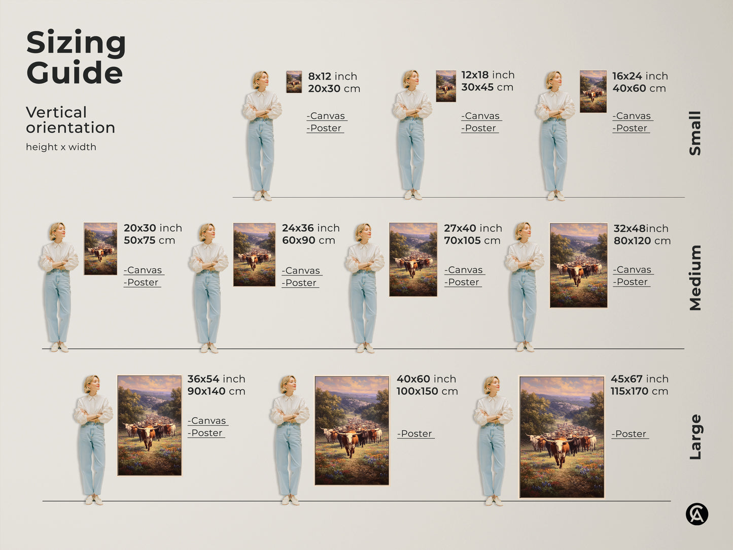 Sizing guide for vertical longhorn artwork. Available in canvas and poster prints. From 8x12 to 45x67 inches. Find the perfect size for your farmhouse or ranch decor. Enhance your home with western landscape art.