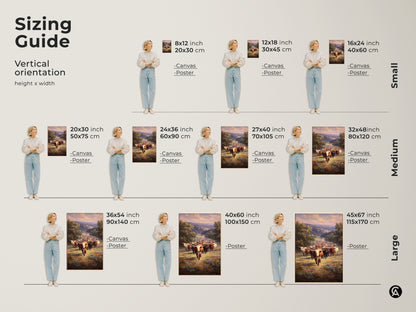 Sizing guide for vertical longhorn artwork. Available in canvas and poster prints. From 8x12 to 45x67 inches. Find the perfect size for your farmhouse or ranch decor. Enhance your home with western landscape art.
