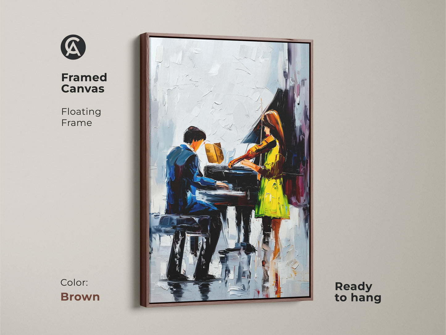 Framed Canvas with brown floating frame showcases impressionist piano artwork of a violinist. This blue green music art features contemporary figures. It's ready to hang. Perfect gift for music lovers seeking modern musical artwork. The abstract musical painting is performance art.