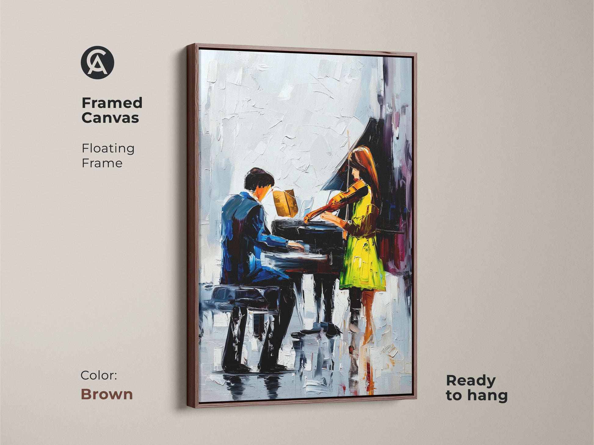 Framed Canvas with brown floating frame showcases impressionist piano artwork of a violinist. This blue green music art features contemporary figures. It's ready to hang. Perfect gift for music lovers seeking modern musical artwork. The abstract musical painting is performance art.
