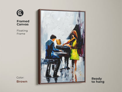 Framed Canvas with brown floating frame showcases impressionist piano artwork of a violinist. This blue green music art features contemporary figures. It's ready to hang. Perfect gift for music lovers seeking modern musical artwork. The abstract musical painting is performance art.