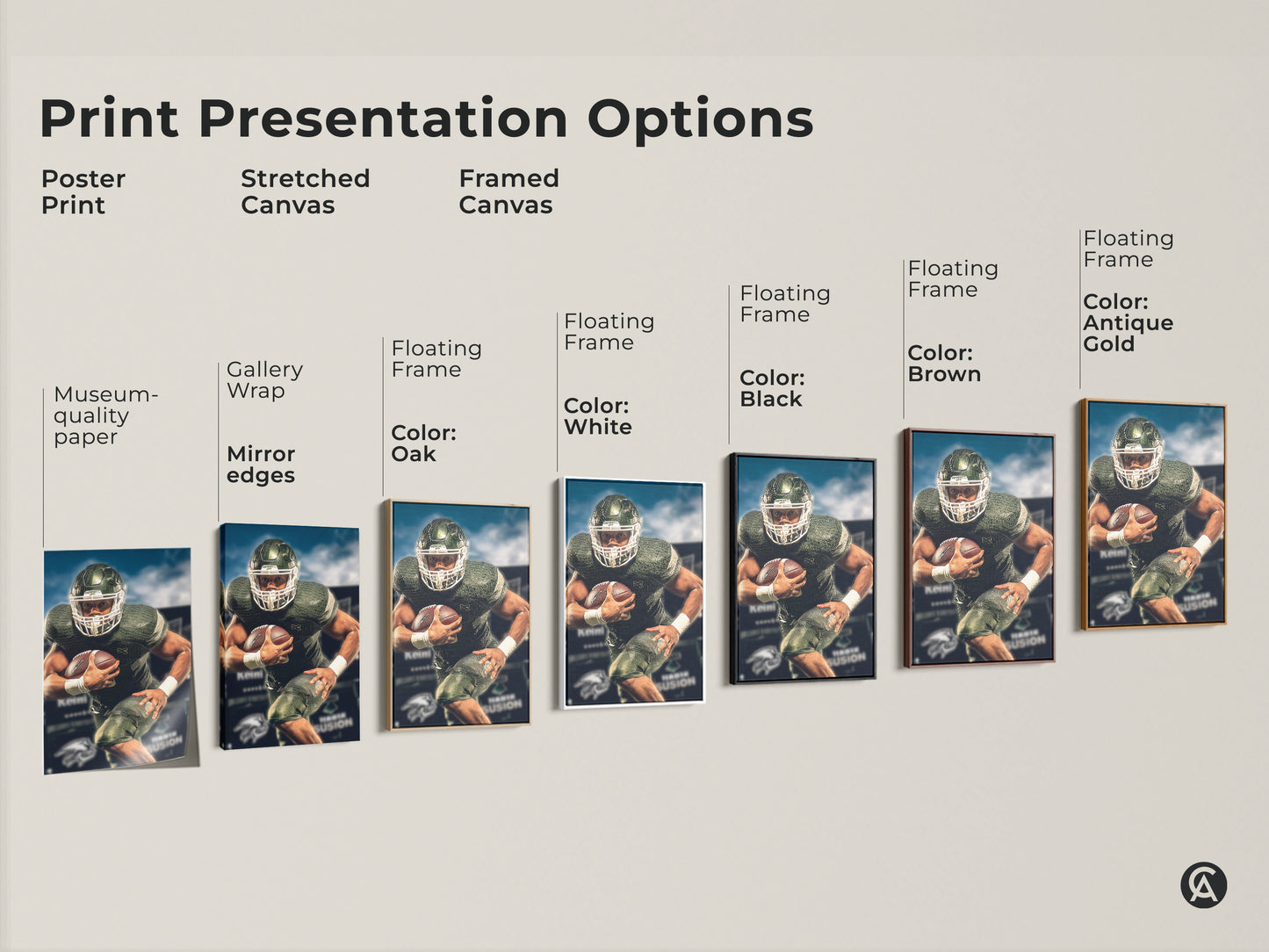 Explore print presentation options for American football player art. Choose from poster prints stretched canvas and framed canvas. This green and white artwork is perfect for sports decor. Ideal for a man cave or sports bar.