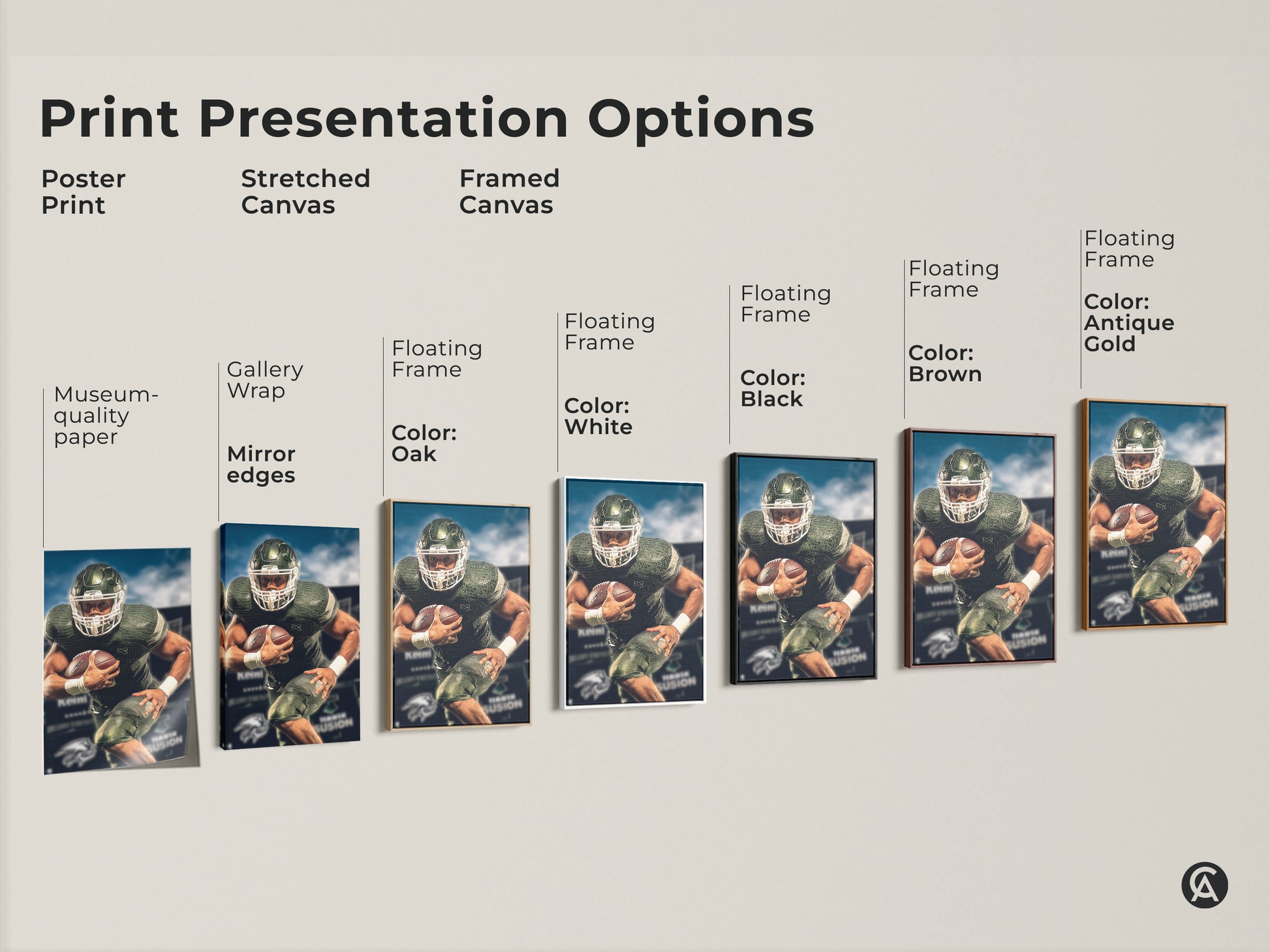 Explore print presentation options for American football player art. Choose from poster prints stretched canvas and framed canvas. This green and white artwork is perfect for sports decor. Ideal for a man cave or sports bar.