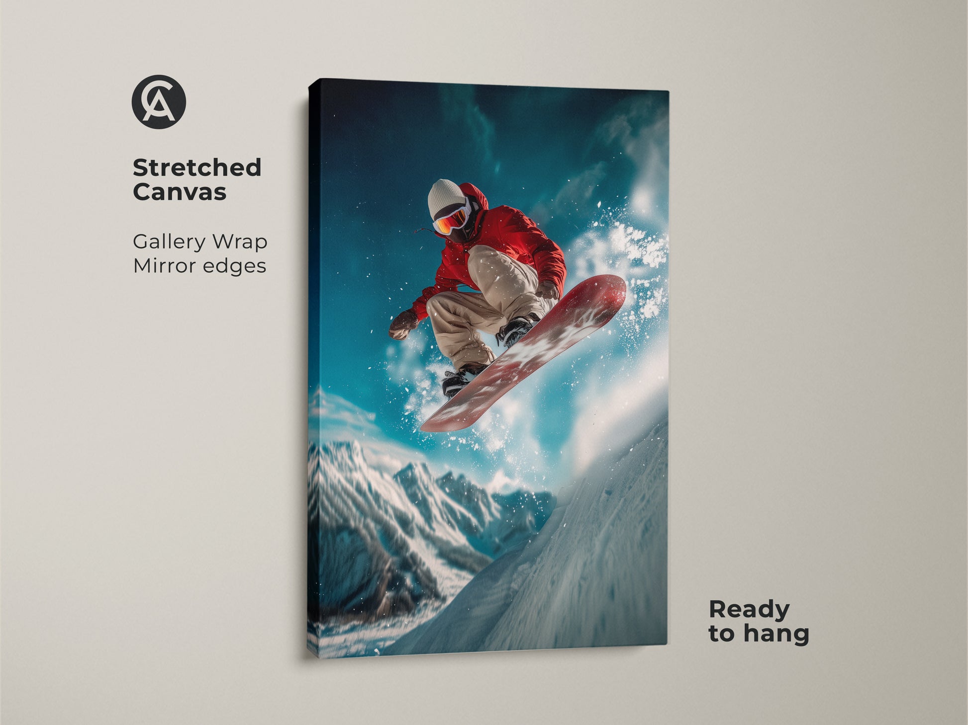 Stretched canvas art featuring a snowboarder mid-air. Gallery wrapped with mirrored edges for a seamless look. This ready-to-hang artwork brings action to any room. Ideal for sports lovers seeking dynamic wall decor. Transform your space with this captivating canvas print
