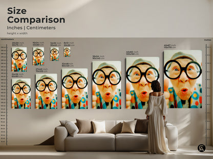 Size comparison of canvas and poster prints in inches and centimeters. Visualize how different sizes will look in your space. Find the perfect artwork dimensions for your home decor project.