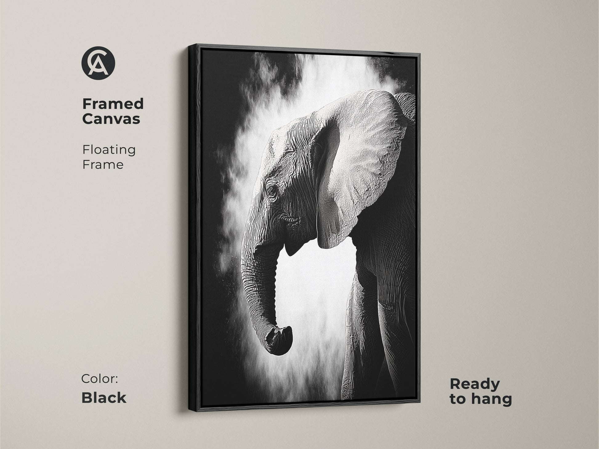 Black framed canvas with a monochrome elephant artwork ready to hang. The floating frame enhances the high-contrast wildlife print. This contemporary animal decor adds a sophisticated touch to any room. Perfect for elephant art enthusiasts.